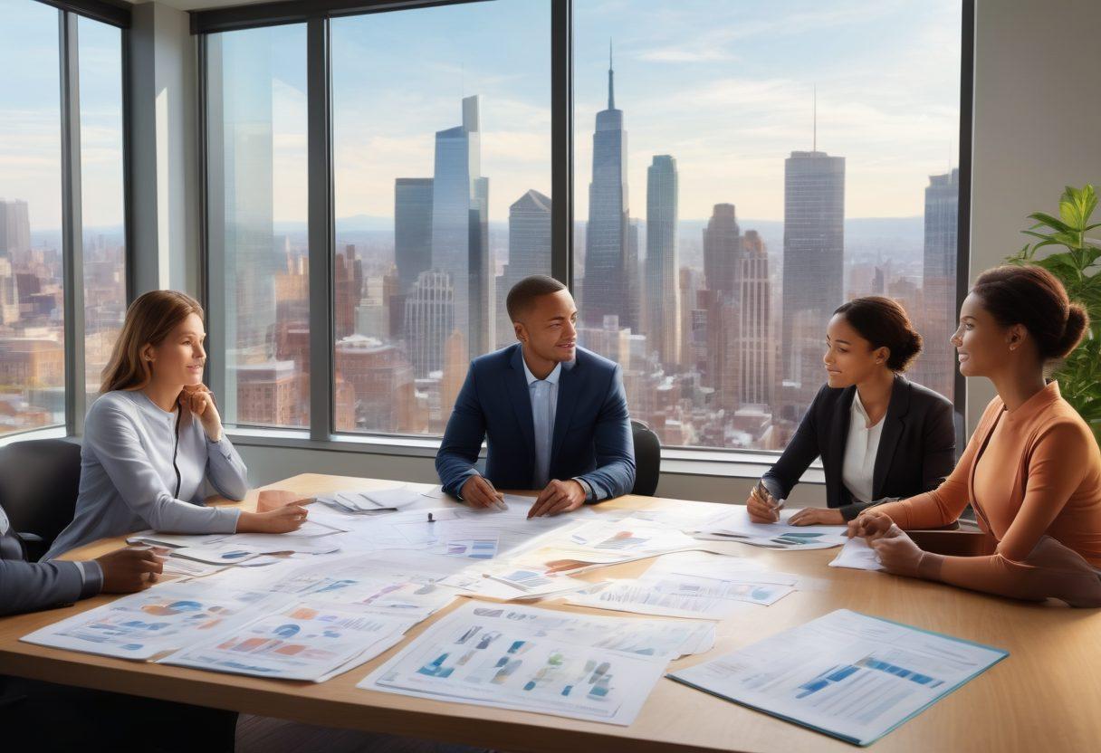 A visually engaging scene depicting diverse individuals discussing insurance plans in a cozy, modern office setting, with health documents and charts scattered on the table. In the background, a large window shows a cityscape, symbolizing accessibility and community support. Soft and inviting colors combined with clear visuals of healthcare symbols and wellness icons subtly integrated in the design. super-realistic. vibrant colors.