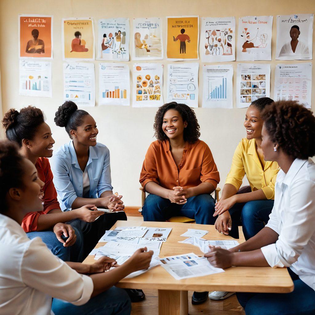 A diverse group of patients engaging in a lively support group session, surrounded by educational materials and vibrant posters on health and wellness. Show a sense of empowerment through their expressions and interactions, with a warm and inviting atmosphere. Include a visual representation of knowledge sharing, such as charts or books in hand. A comforting environment, integrating elements of hope and collaboration. super-realistic. warm colors. soft focus.