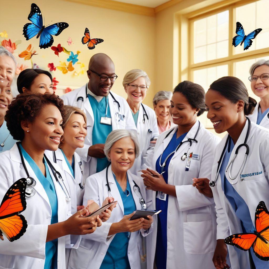 An uplifting scene depicting a diverse group of patients and healthcare advocates engaged in a lively discussion, surrounded by symbols of hope like butterflies and blooming flowers. Include elements of medical care such as stethoscopes and informational pamphlets, signifying empowerment and knowledge sharing. The background should radiate warmth, symbolizing community and support. super-realistic. vibrant colors. soft focus.